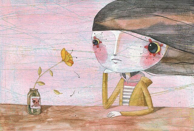 Fille-triste-au-miroir-qui-tient-une-fleur