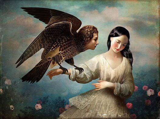 mujer-con-aguila-de-cabeza-humana-en-el-brazo