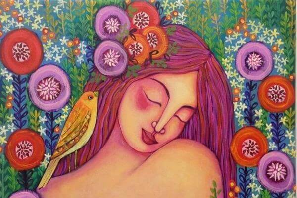 Femme-avec-un-oiseau-sur-ses-cheveux