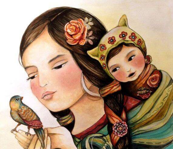 madre-con-su-hijo-y-pájaro-en-las-manos