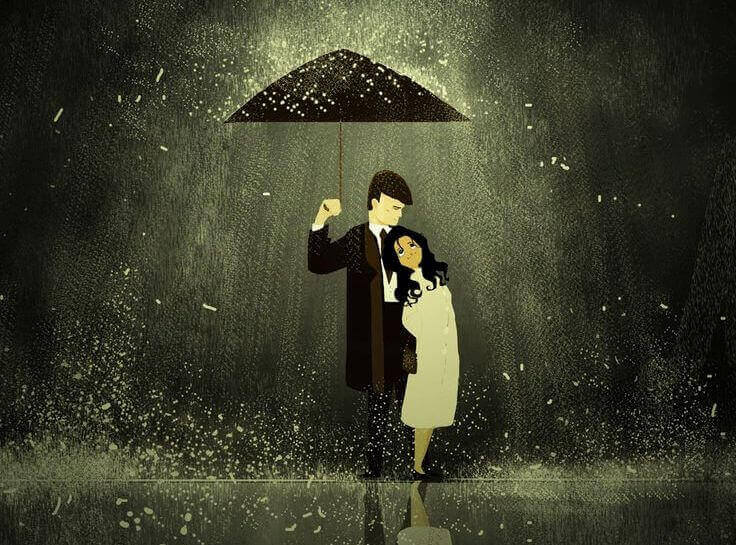 Hombre-y-mujer-debajo-de-un-paraguas-lloviendo