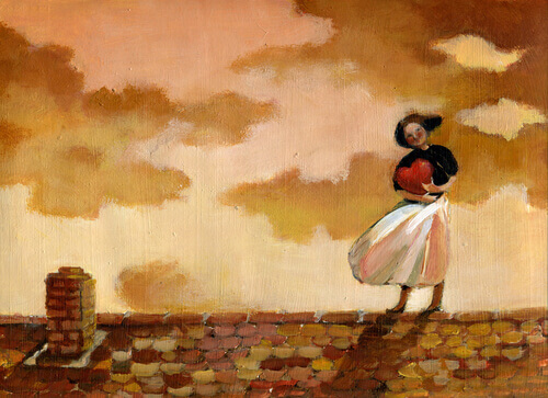 Mujer-abrazando-un-corazon-en-el-tejado