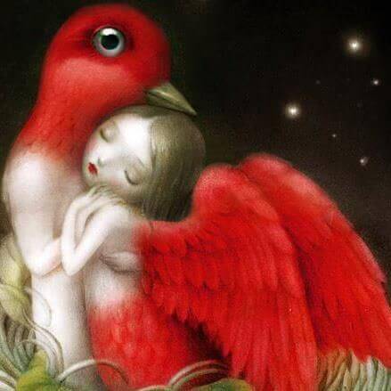 Oiseau-embrassant-une-femme