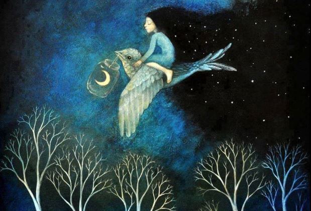 enfant volant sur un oiseau