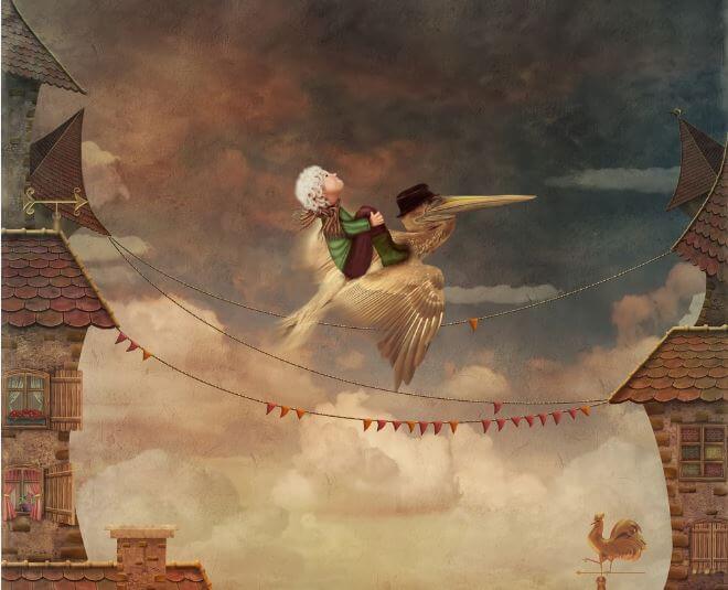 fille volant sur un oiseau