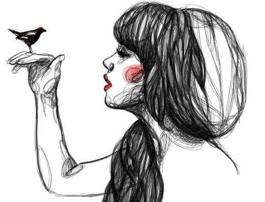 jeune fille avec un oiseau dans la main