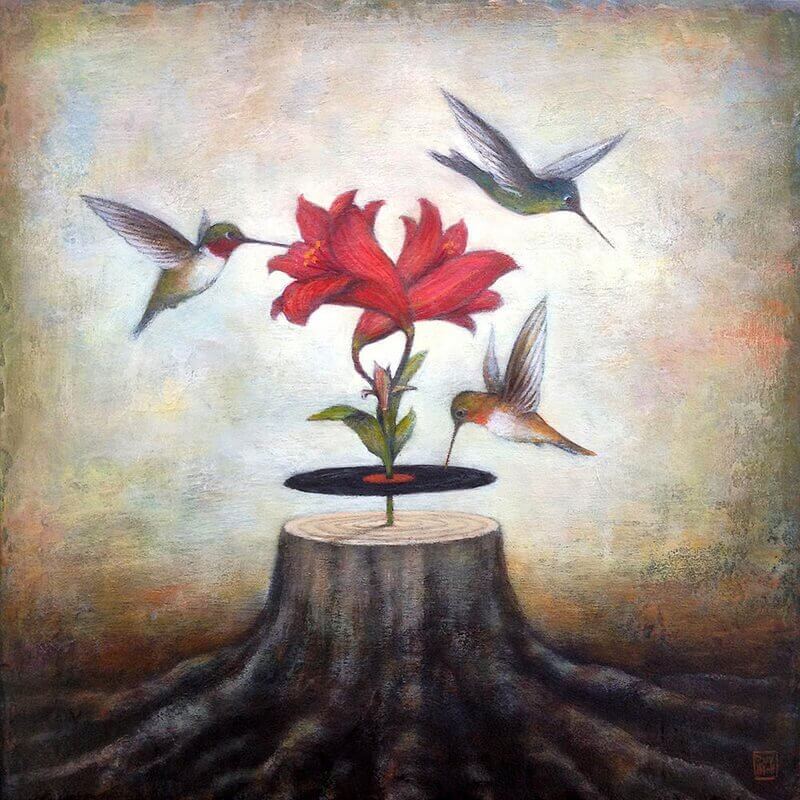 Pájaros-volando-alrededor-de-una-flor