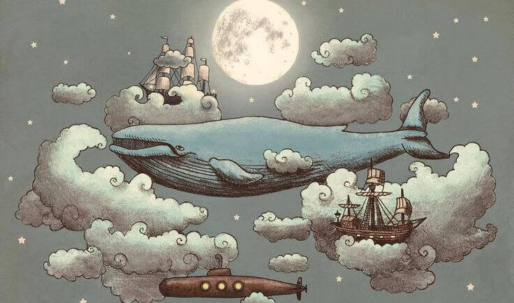 baleine qui avance dans la nuit