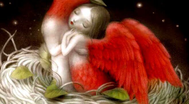 femme avec des ailes rouges