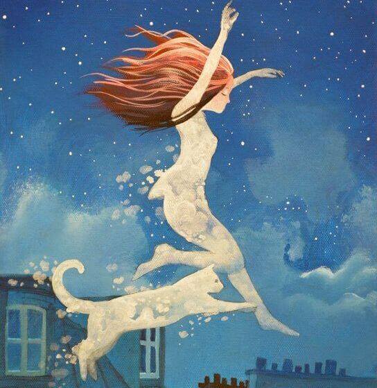 femme et chat dans la nuit