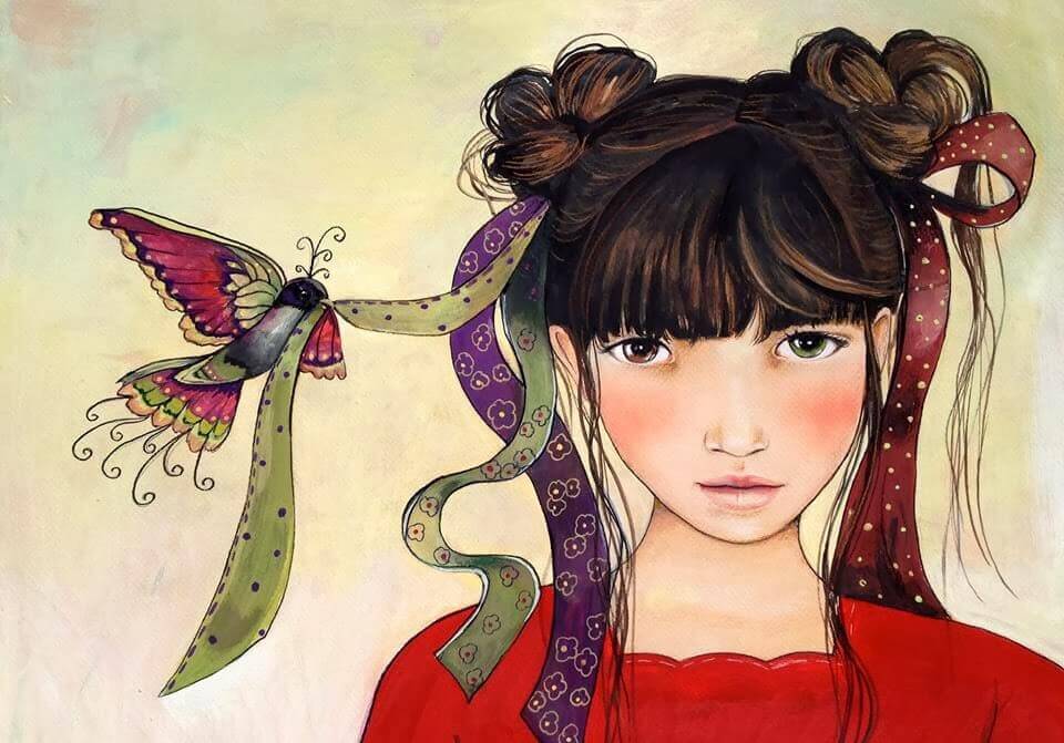 femme oiseaux rubans