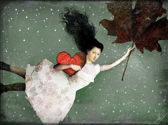 fille avec un coeur volant