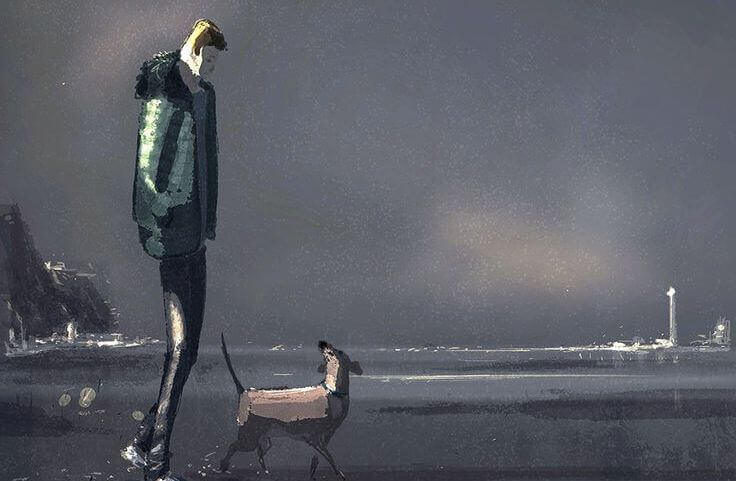 homme promenant son chien sur la plage
