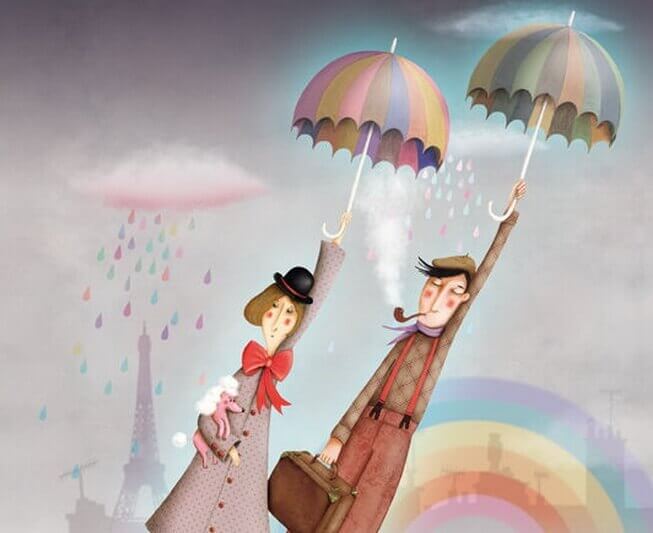 Couple-volant-avec-parapluie-cherchant-la-lumiere-du-soleil
