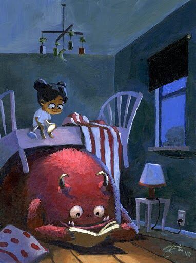 Fille-dans-un-lit-en-face-d'un-monstre