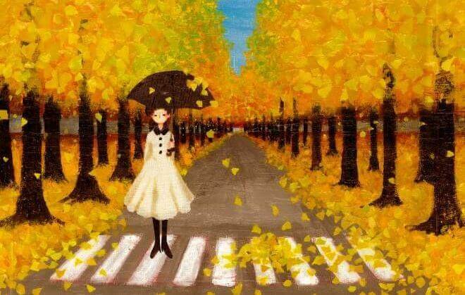 Fille-sur-passage-pieton-allee-d'arbres