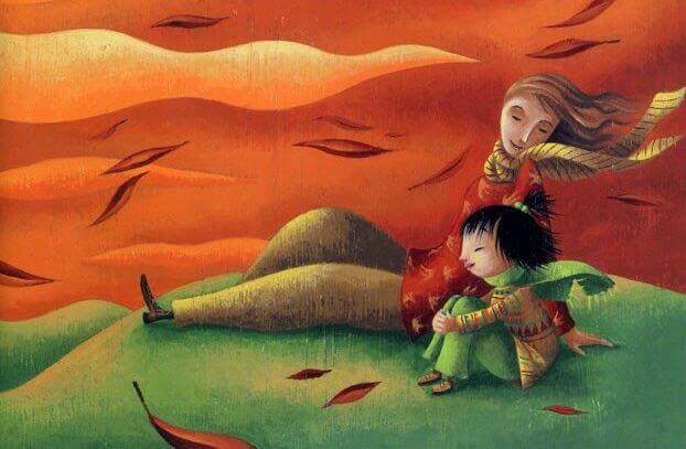 Pere-et-fils-sur-une-coline-coucher-du-soleil