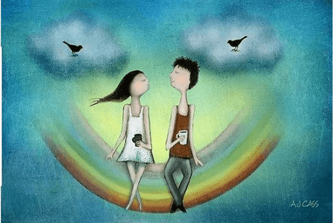 couple heureux sur un arc en ciel
