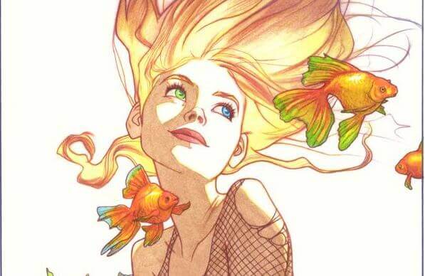 femme entouree de poissons