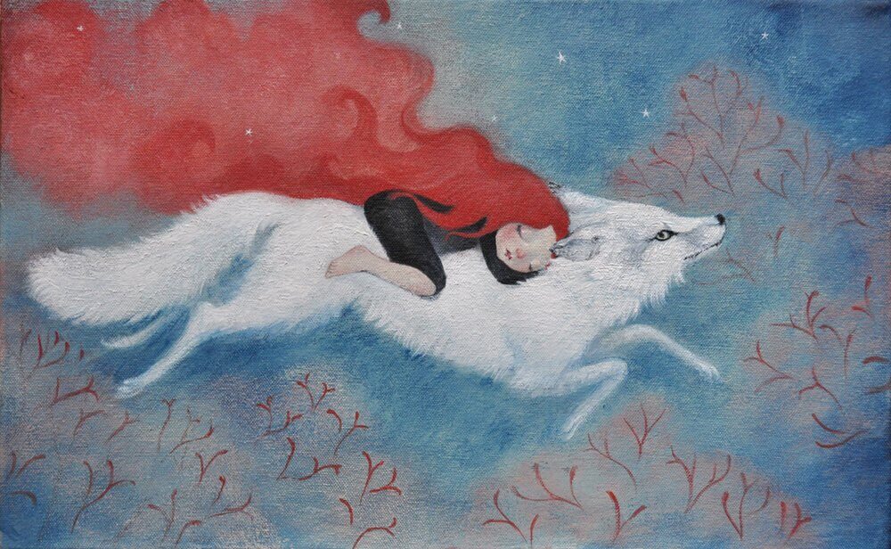 femme sur un loup