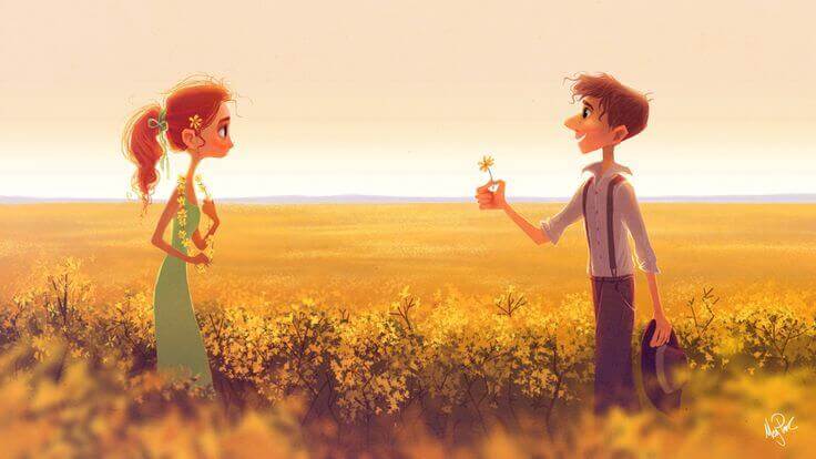 garcon qui offre une fleur a une fille