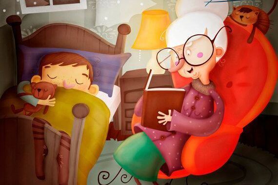 grand mere en train de lire un conte a son petit fils