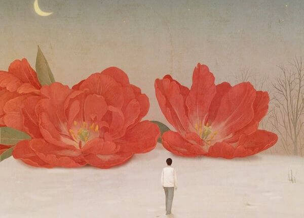 Homme-avancant-vers-des-fleurs-rouges