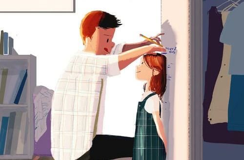 Homme-marquant-la-taille-d'une-fille-sur-une-porte