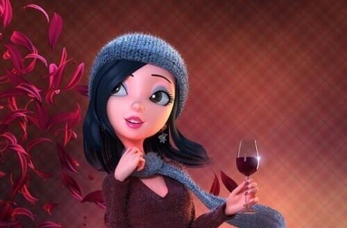 Mujer-con-gorro-y-bufanda-tomando-una-copa-de-vino