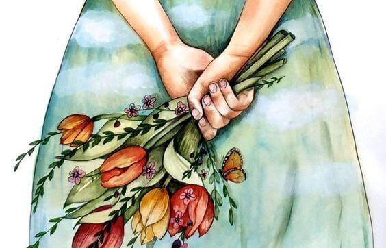 Femme-avec-bouquet-de-fleurs-se-sentant-bien