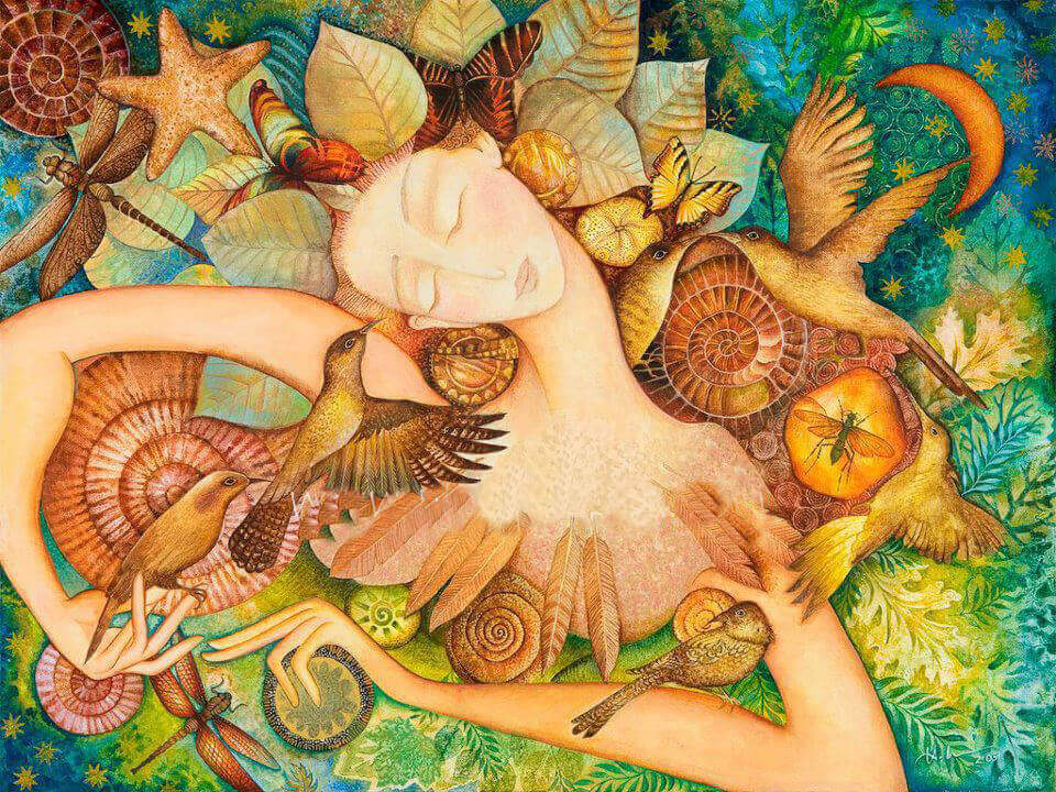 Femme-oiseaux-fleurs