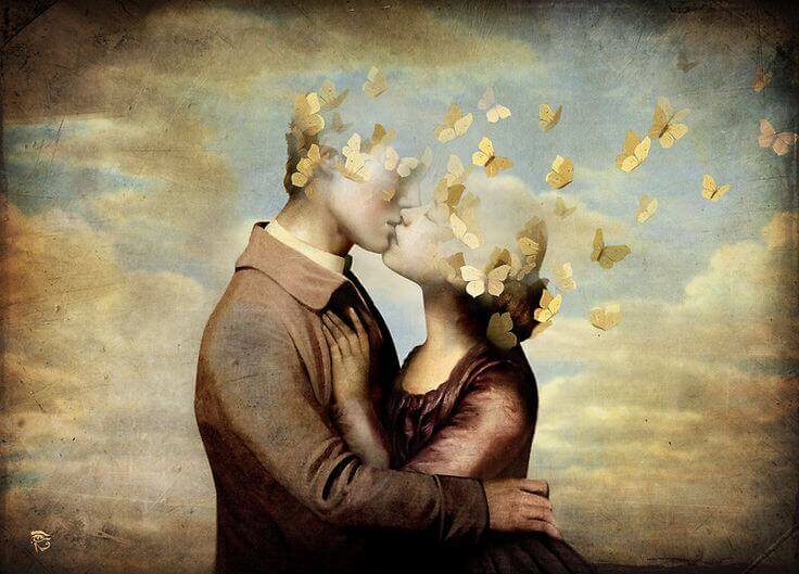 Couple-qui-s-embrasse-tete-de-papillons