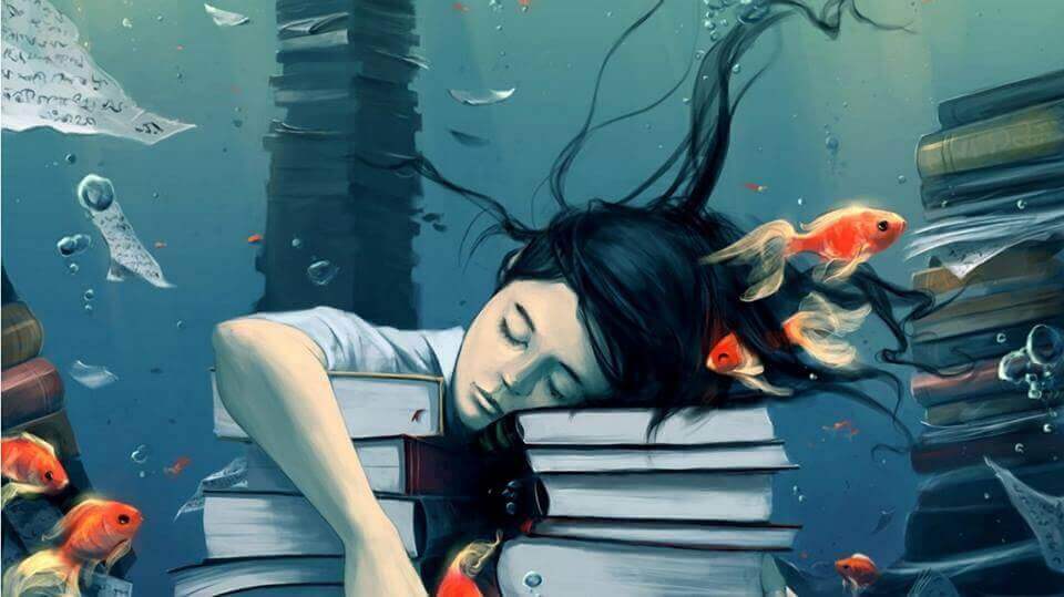 Femme-endormie-sur-des-livres-revant-de-poissons