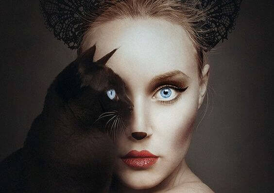 femme-chat-fixant-son-attention