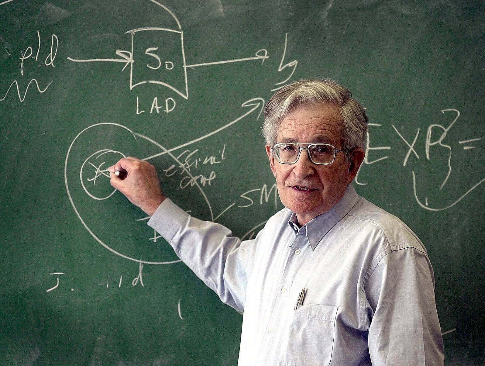 Noam Chomsky écrivant sur un tableau