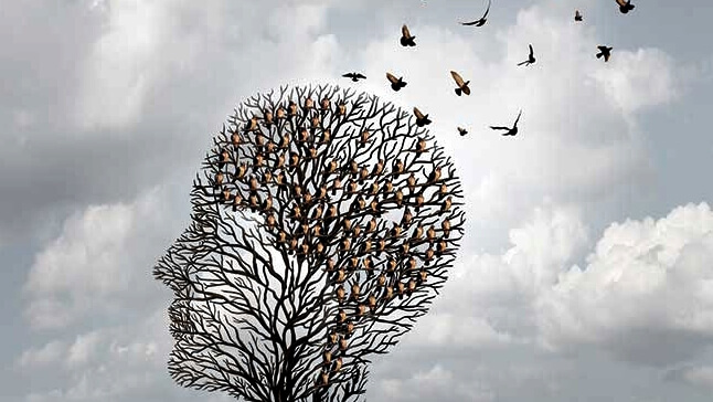 arbre en forme de tête et oiseaux qui s'en envolent représentant la mémoire des personnes atteintes d'Alzheimer
