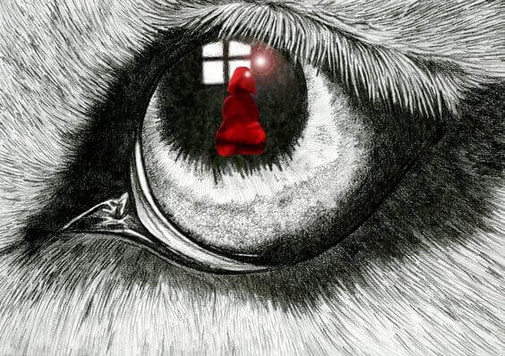 reflet du petit chaperon rouge dans l'oeil du loup