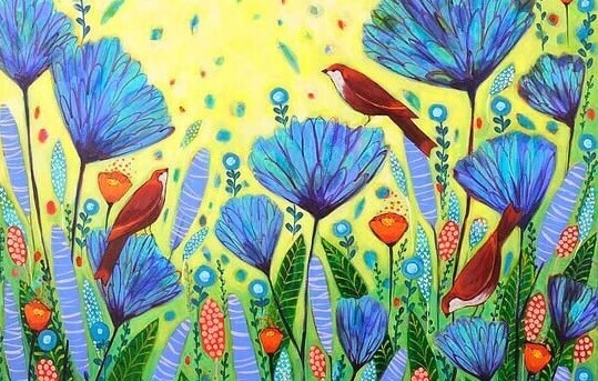 Oiseaux et champ de fleurs bleues