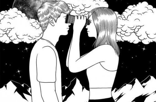 couple qui se regarde avec des jumelles