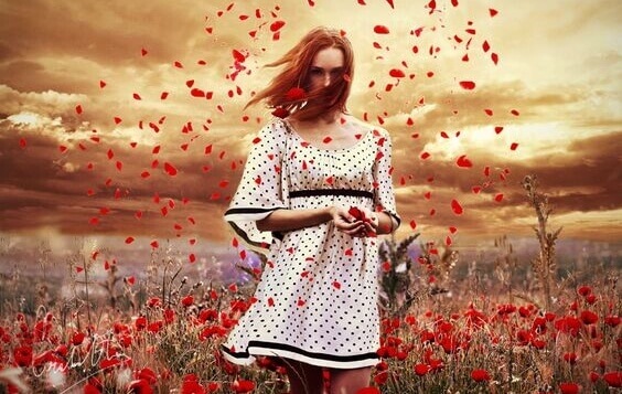 femme dans un champ de fleurs rouges