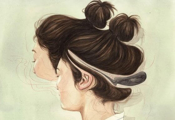fille de dos la tete ouverte