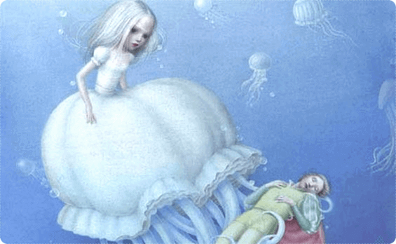 fille en forme meduse soutenant un homme