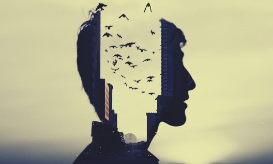 tête d'homme et oisaux
