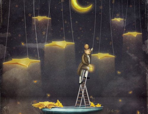 homme fuyant la routine et grimpant vers les étoiles