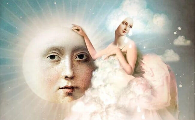 soleil avec visage humain et femme habillée de nuages