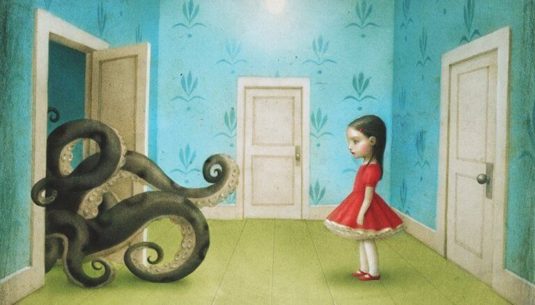 petite fille face aux tentacules d'une pieuvre