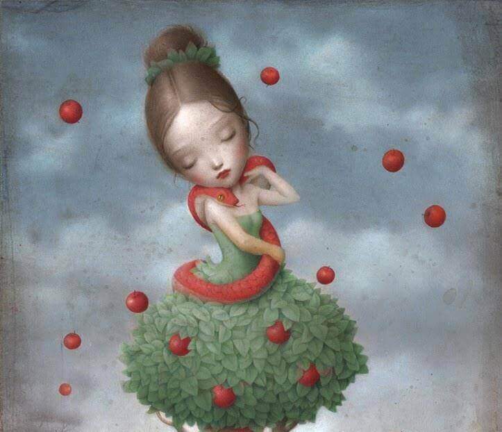 petite fille avec une robe de feuilles, un serpent autour du cou et cernée de pommes : le fruit défendu