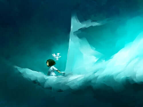 Une femme qui vole sur un nuage