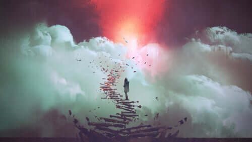Une femme montant des escaliers fantastiques