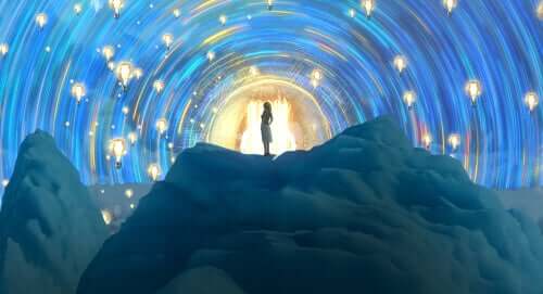 Illustration d'une femme au sommet d'une montagne et proche du ciel.